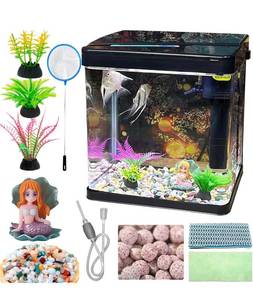 lot 909 image: New Glass 4.35 Gallon Aquarium Starter Kit, Black Retails $59.99 B