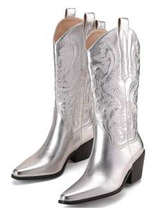 lot 15K image: Resellers Paradise Brand New 7 Pairs Dsevht Mid Calf Cowboy Boots for Women Round Pointed Toe Cowgirl Boots Block Chunky Heel Western Boots Womens Size 8 Metallic Silver B
