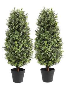 lot 10A image: New 2 Pack Artificial Topiary Boxwood Tree Faux Shrub, Includes Black Plastic Pot 35 Inch $159.99 Retail B
