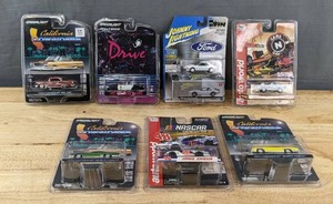 lot 27A image: 7 New Diecast Vintage Toy Cars Green Light Collectables California Lowriders Chevrolets, Hollywood Ford, Johnny Lighting Ford, Auto World Chevy and NASCAR Jimmie Johnson N