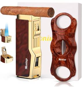 lot 97K image: New Cigar Lighter Set with V Cigar Cutter, Quad Windproof Jet Flame, Cigar Punch & Cigar Holder L