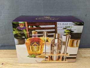 lot 18K image: Brand New 5-Piece Crown Royal Stainless Steel Bar Tools With Wood Holder L