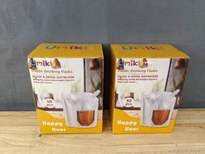 lot 204 image: 2 Boxes of Brand New 50-Piece Umikk Plastic Drink Flasks Bags L