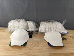 lot 199 image: 12 Brand New Yupoong White with Blue Hats and 15 White with Green Hats LargeXL A