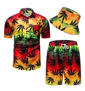 lot 49H image: Brand New Mens Hawaiian Pot Leaf Button Down Shirt, Shorts and Bucket Hat Size Large L