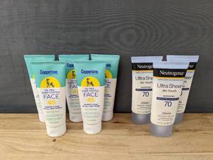 lot 117K image: 8 Brand New Bottles of Face Sunscreen (Coppertone Face 45 and Neutrogena Ultra Sheer 70) $65 Retail W