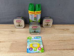 lot 151K image: Brand New Assorted MosquitoBug Repellent Products - Pic Citronella Wristband, Off Deep Woods Dry Value Pack, 3 Coleman Citronella Candles W