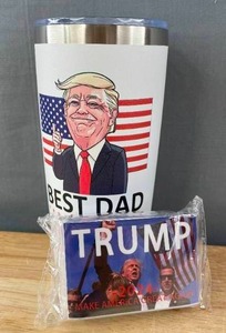 lot 50J image: 100 Brand New Donald Trump 2 x 3 MAGA Stickers and Best Dad Tumbler N