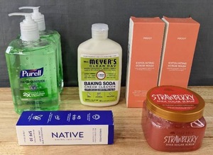 lot 38K image: Brand New 7-Piece Health & Beauty Lot Purell Hand Sanitizer, Mrs. Meyer Baking Soda Cream Cleaner, Proot Exfoliating Scrub Wash, Native Mineral Face Lotion, and Tree Hut Strawberry Shea Sugar Scrub W