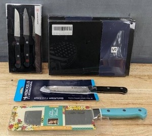 lot 40K image: Brand New Two 6-Piece Cheese Knife Sets, Pioneer Woman Knife, Henckels Intl 5 Serrated Utility Knife, Wusthof 3-Piece Paring Knife Set N