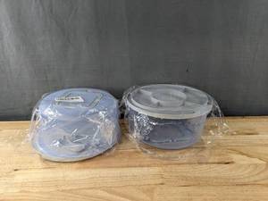 lot 247 image: 2 Brand New Blue Cake Carriers with Floral Design $48 Retail B