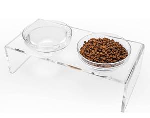 lot 654 image: New Acrylic Elevated Pet Feeder Comes with 2 Removable Glass Bowls and 2 Stainless Steel Bowls L