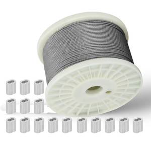 lot 21 image: New 332 in Stainless Steel Cable Wire Rope 1000ft, 7x7 Strands Stainless Steel Aircraft Cable, for Deck Railing, String Light Hanging, Marine Rigging, Garden Wire with 300 M2.5 Crimping Loops $139.99 Retail L