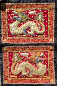 lot 50 image: Elaborate Embriodered Asian Dragon Tapestry Panels, pair