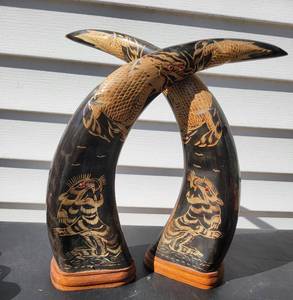 lot 51 image: Carved Tiger and Dragon Horns, pair