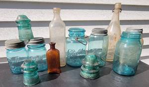 lot 55 image: Old Green Ball Jars with Insulators