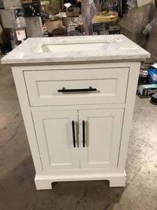 Home Decorators Collection Doveton 24 in. Single Sink Freestanding White Bath Vanity with White Engineered Marble Top (Assembled) Damaged  Customer Returns See Pictures