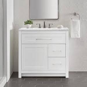 Home Decorators Collection Clady 37 in. W x 19 in. D x 35 in. H Single Sink Freestanding Bath Vanity in White with Silver Ash Cultured Marble Top   Customer Returns See Pictures