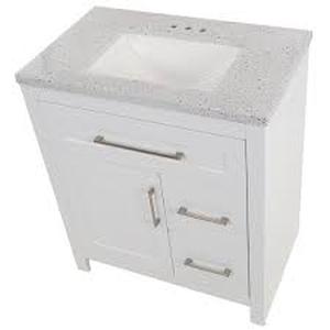 Home Decorators Collection Clady 31 in. W x 19 in. D x 35 in. H Single Sink Freestanding Bath Vanity in White with Silver Ash Cultured Marble Top     Customer Returns See Pictures