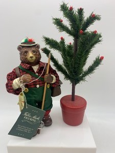 lot 5 image: Vintage MIDWEST IMPORTERS Fabric Mache Bear Figurine with DEPT 56 Feather Tree