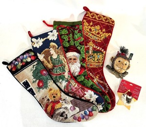 lot 73 image: Set of Four WOOL NEEDLEPOINT Stockings, MIDWEST OF CANNON FALLS Monkey Ornament and HALLMARK Santa Bear Pin