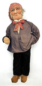 lot 81 image: ANTIQUE RAVCA CLOTH and WOOD Character Doll with HAND PAINTED Face
