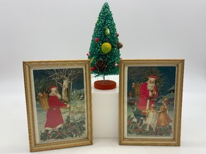 lot 33 image: 2 Framed Vintage POSTCARDS with Bottle Brush Christmas Tree - Japan