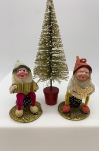 lot 32 image: 2 Vintage GNOME ELF Pixie Pinecone Ornaments - Japan - with Bottle Brush Tree