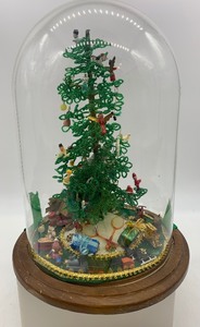 lot 28 image: Vintage BEADED CHRISTMAS TREE Completed Kit Under a Glass Dome