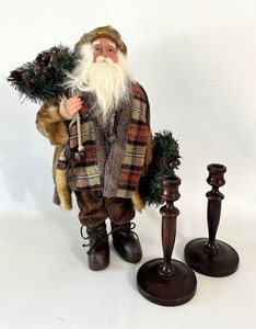 lot 96 image: Woodsman Santa Figurine and Wooden Candlesticks