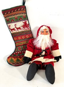 lot 100 image: HC ACCENTS JINGLE Santa Figurine - Signed HENRY CURTIS and Needlepoint Christmas Stocking