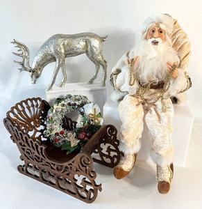lot 105 image: Sitting SANTA, Reindeer, Wreath and Scandinavian Style Sleigh