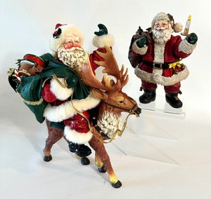 lot 109 image: MIDWEST of CANNON FALLS Fabric Mache Santas with Original Boxes - St. Nick on Reindeer and Santa with Toys