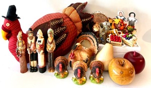 lot 111 image: Variety of Thanksgiving Decor including Wooden Figurines, ENESCO Turkeys, Plush Stuffed Turkey, Fruit and Veggie Baskets and more