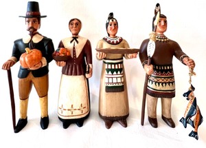 lot 112 image: Collectable Handmade Folk Art Thanksgiving Day Wooden Figurines RANDY TATE Signed - QTY 4