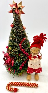 lot 132 image: Adorable Vintage Paper And Wooden Christmas Tree, BUTTICKI Doll and Candy Cane Decor