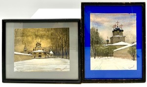 lot 139 image: Pair of Russian Artist Signed Framed Snow Scene Watercolors - QTY 2