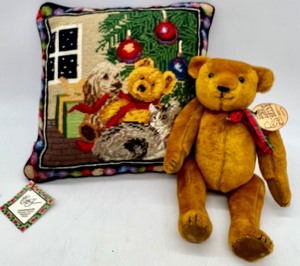 lot 171 image: OLD TIME TEDDY BEARS Jointed Mohair Stuffed Bear and KAREN WALTER Needlepoint Decorative Throw Pillow