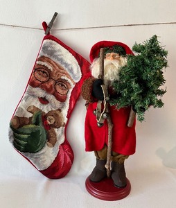 lot 176 image: NEEDLEPOINT Stocking and Santa Figure with Sleigh Bells and Tree