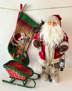 lot 177 image: Santa Figure with Lantern, NEEDLEPOINT Stocking and WICKER Sleigh