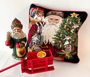 lot 180 image: LEO. R. SMITH Santa Figure, Needlepoint Pillow and Sleigh Candleholder