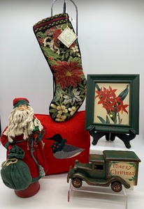 lot 276 image: Pier 1 Needlepoint Christmas Stocking, Wool Loon Pillow, and More