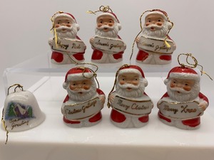 lot 295 image: Vintage CERAMIC Santa Claus Bells - Set of 6 and Bonus Small Bell - Japan
