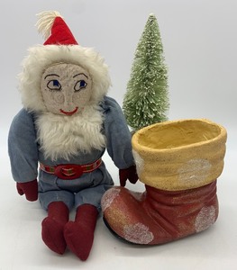 lot 306 image: Vintage CHRISTMAS Decorations including Plush, Boot Planter and Bottle Brush Tree - QTY 3