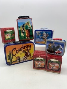 lot 183 image: COWBOY  GIRL Lunch Boxes and 5 Christmas Cowboy Hallmark Ornaments
