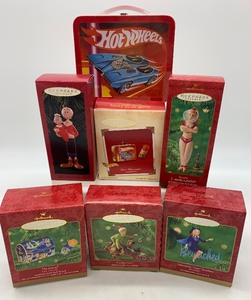 lot 187 image: Vintage HALLMARK Keepsake Assorted Ornaments with Hot Wheels Lunch Box, Scooby, Bewitched and More