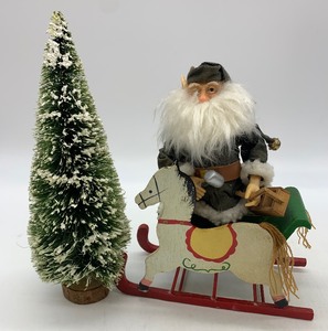 lot 193 image: Vintage Composite Elf, Wooden Sled and Bottle Brush Tree