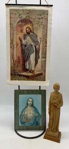 lot 209 image: Vintage 1948 GOSPEL Art Calendar with Sacred Heart Plaque and Hand Carved St. Joseph Statue - West Germany