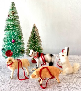 lot 237 image: Vintage Bottle Brush Holiday Trees with WAGNER HANDWORK West Germany Flocked Animals