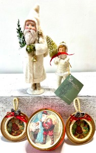 lot 251 image: BETHANY LOWE DESIGNS & CHARACTER DOLLS Designed by ANNIE WAHL Figures with Vintage Santa Ornaments & Box
